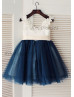 Ivory Satin Navy Blue Tulle Ruffle Straps Flower Girl Dress